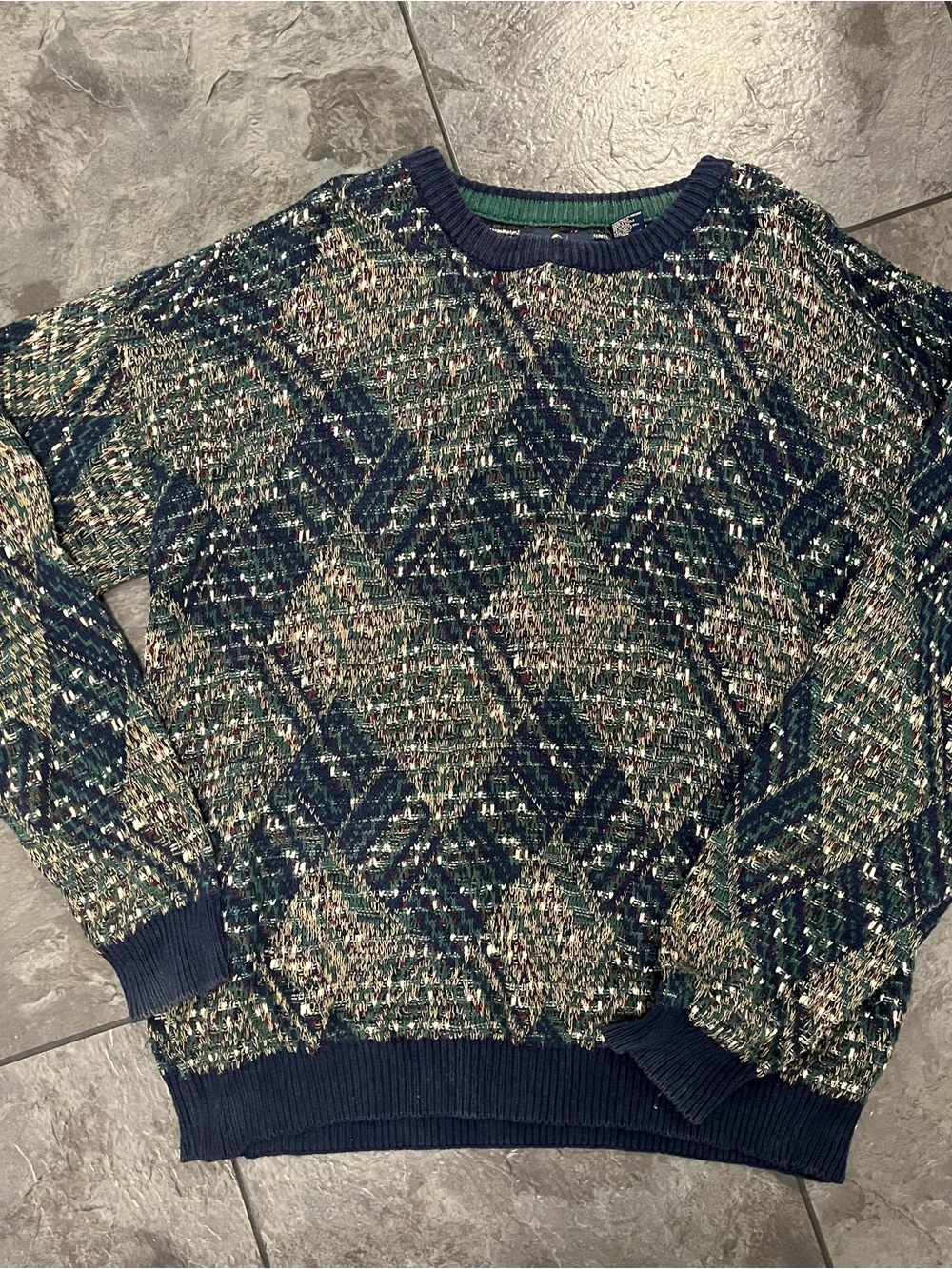 Men's Green Patterned Crewneck Sweater with Navy Trim